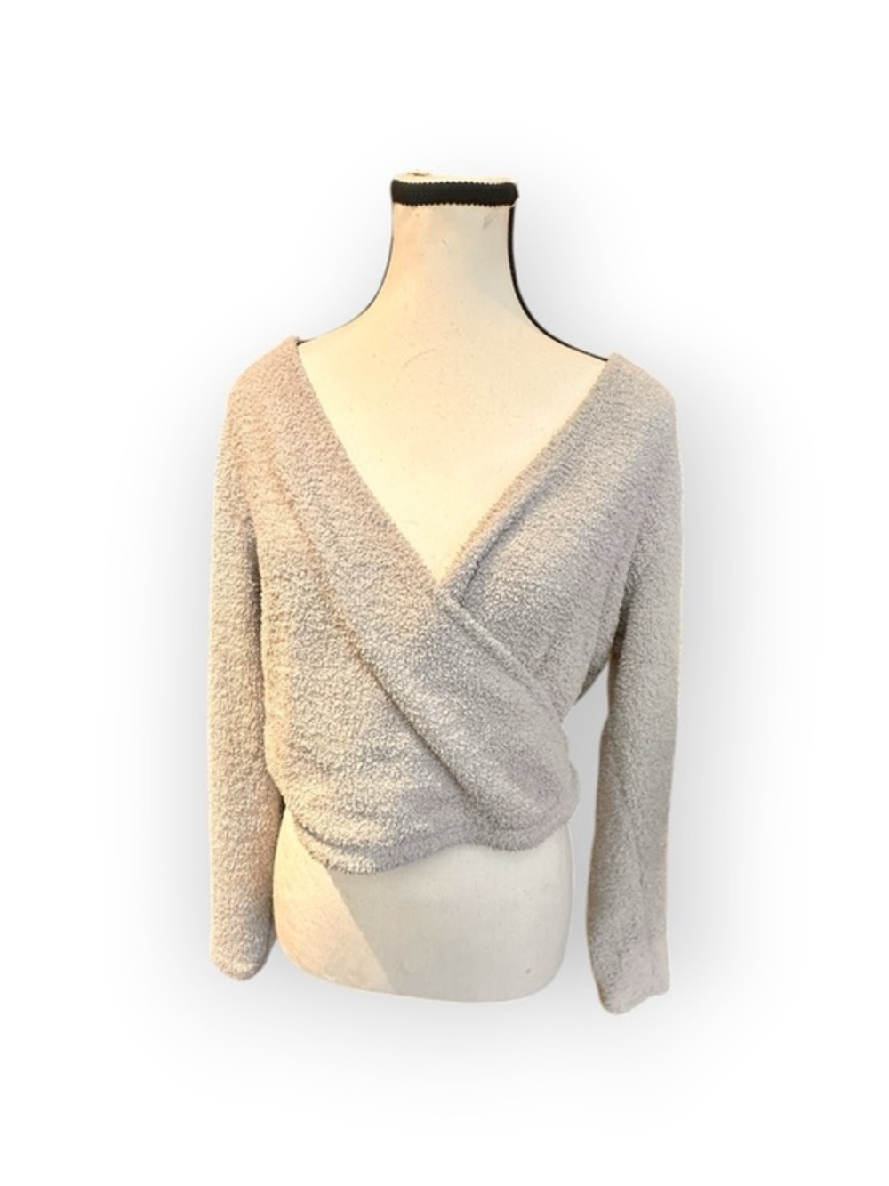 Women’s XL H&M Beige Fuzzy Long Sleeve Low V Neck Wrap Crop Top